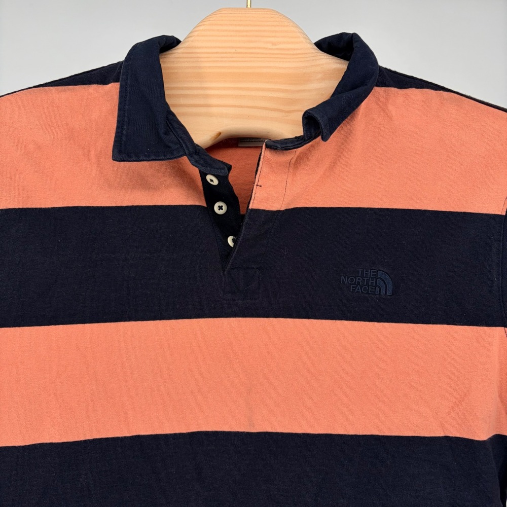 The North Face Rugby Shirt XL Navy Salmon Striped Long Sleeve Cotton Polo